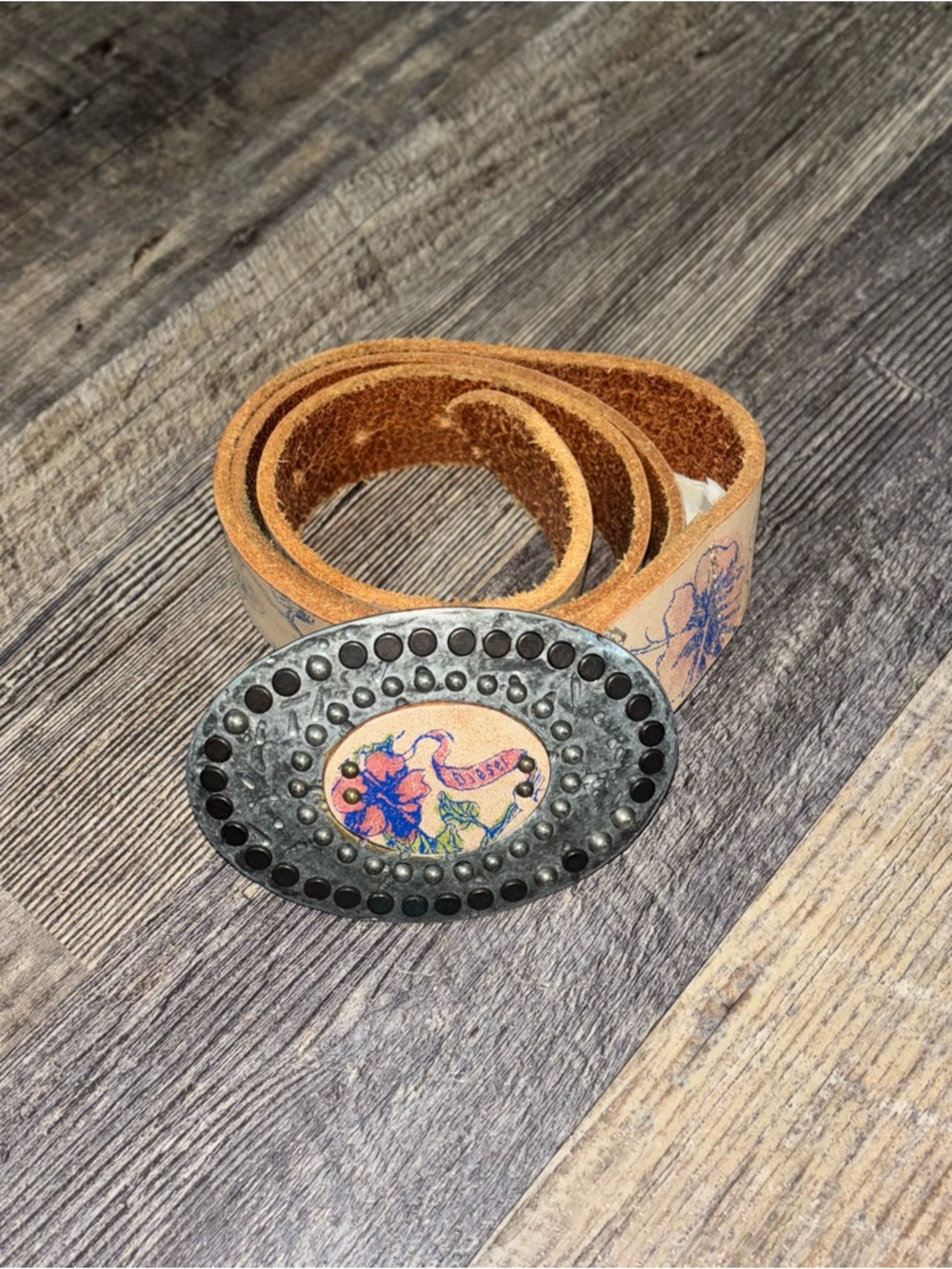 Diesel Floral Leather Belt w/ Studded Oval Concho Buckle – Made in Italy Western